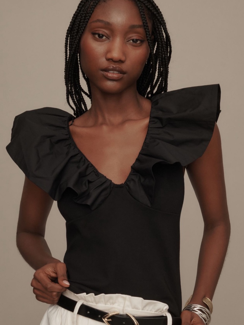 Anthropologie Black Ruffled V-Neck Sleeveless Top